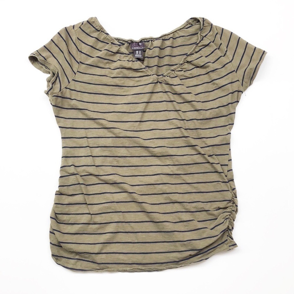Oh Baby by Motherhood olive green & navy striped V neck ruched top